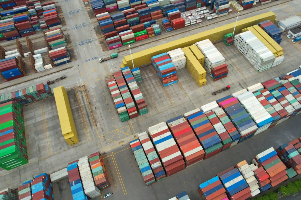 This aerial photo shows cargo containers stacked at a port in Lianyungang in China's eastern Jiangsu province on May 9, 2022. (STR/AFP via Getty Images)