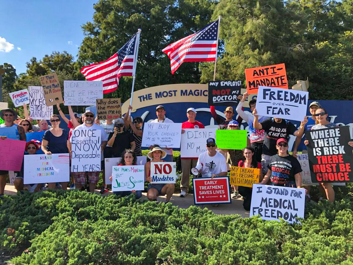 Disney workers in Florida gather in front of Walt Disney World on Sept. 26, 2021 to oppose vaccine mandates. (Courtesy of Nick Caturano)
