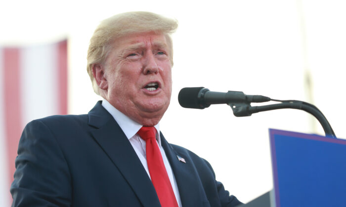 Former U.S. President Donald Trump speaks at a Save America Rally at the Adams County Fairgrounds in Mendon, Illinois, on June 25, 2022. (Michael B. Thomas/Getty Images)