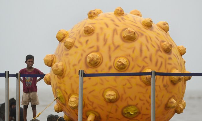 An Indian boy stands near a replica of the Hepatitis virus, a part of an awareness event in Mumbai on July 28, 2014. (Punit Paranjpe/AFP via Getty Images)