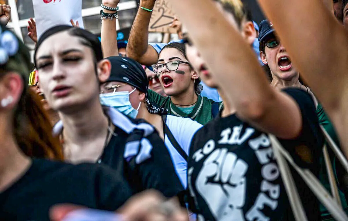 Activists who believe abortion is a right shout slogans as they rally after the overturning of Roe vs. Wade by the U.S. Supreme Court, in Miami, Florida, on June 24, 2022. (Chandan Khanna/AFP via Getty Images)