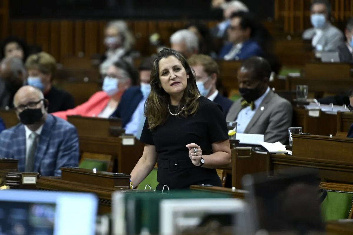 Deputy Prime Minister and Minister of Finance Chrystia Freeland rises during Question Period in the House of Commons on Parliament Hill in Ottawa on June 23, 2022. (The Canadian Press/Justin Tang)