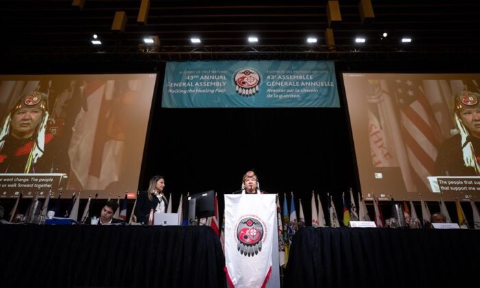 Assembly of First Nations National Chief RoseAnne Archibald speaks during the AFN annual general meeting, in Vancouver, on July 5, 2022.  (The Canadian Press/Darryl Dyck)