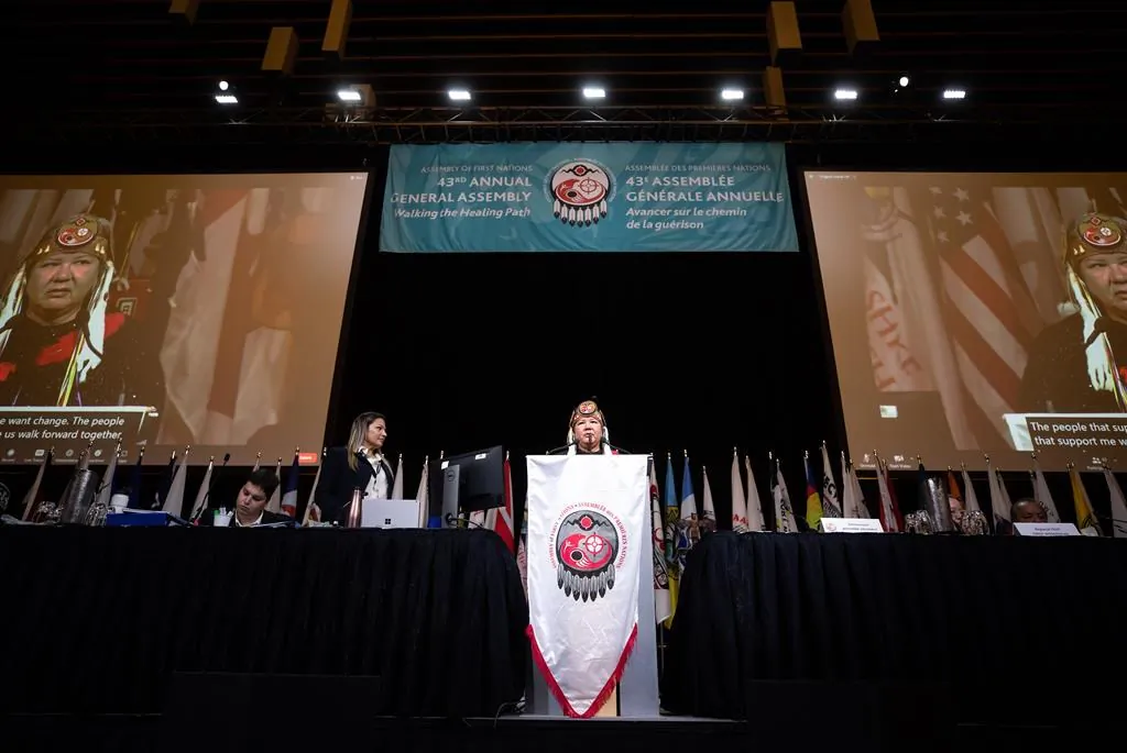 Assembly of First Nations National Chief RoseAnne Archibald speaks during the AFN annual general meeting, in Vancouver, on July 5, 2022.  (The Canadian Press/Darryl Dyck)