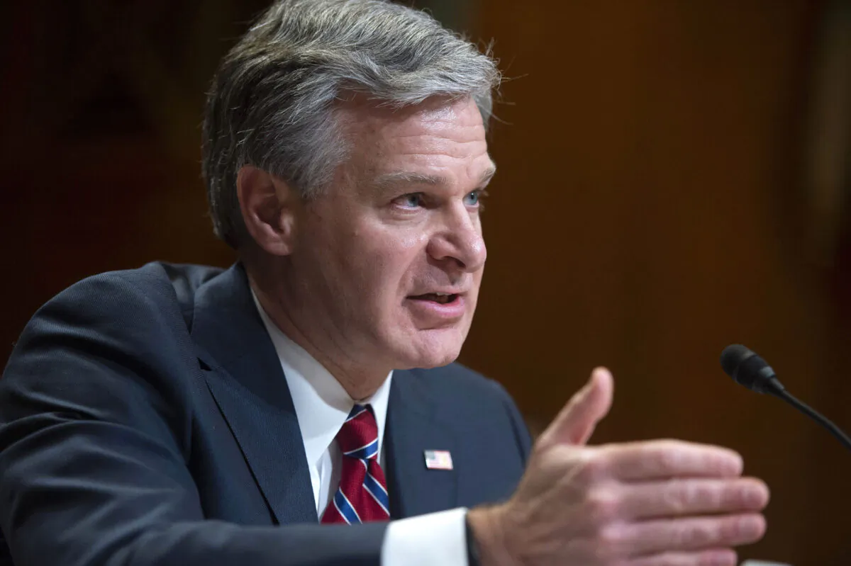 FBI Director Christopher Wray speaks during a Senate Appropriations Subcommittee hearing on the fiscal year 2023 budget for the FBI at the U.S. Capitol in Washington on May 25, 2022. (Bonnie Cash/Pool via Getty Images)