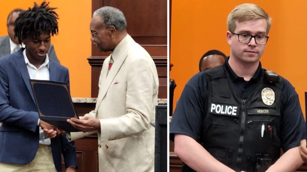 Pascagoula Mayor Billy Knight awards high school student Corion Evans (L) and Officer Gary Mercer (R) with Certificates of Commendation for rescuing three girls when their car plunged into the Pascagoula River in Mississippi and started to sink on July 3, 2022. (Courtesy of the Moss Point Police Department)