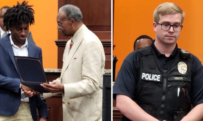 Pascagoula Mayor Billy Knight awards high school student Corion Evans (L) and Officer Gary Mercer (R) with Certificates of Commendation for rescuing three girls when their car plunged into the Pascagoula River in Mississippi and started to sink on July 3, 2022. (Courtesy of the Moss Point Police Department)