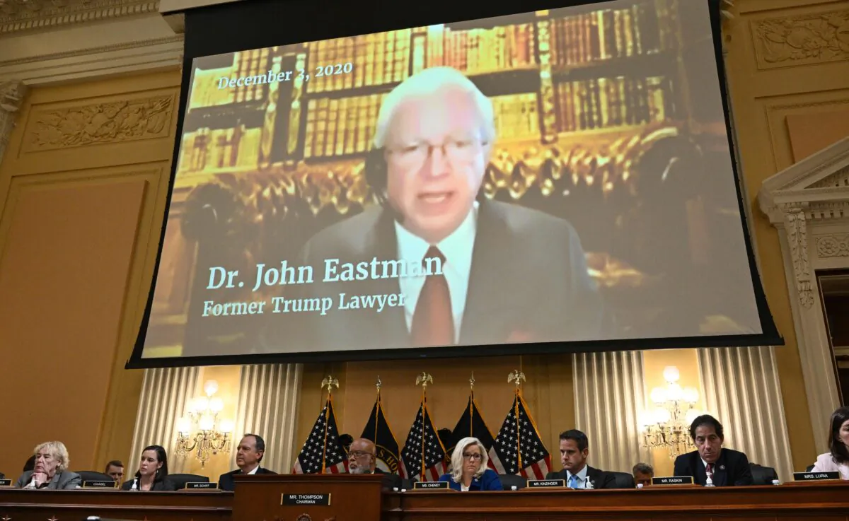 John Eastman, former lawyer of President Donald Trump, appears on screen during the fourth hearing by the House Select Committee to Investigate the Jan. 6 breach of the U.S. Capitol in the Cannon House Office Building in Washington on June 21, 2022. (Mandel Ngan/AFP via Getty Images)