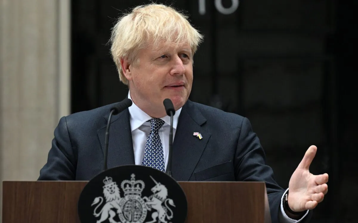 UK Prime Minister Boris Johnson addresses the nation as he announces his resignation outside 10 Downing Street in London on July 7, 2022. (Justin Tallis/AFP via Getty Images)
