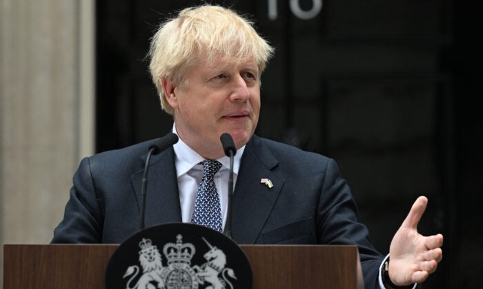 UK Prime Minister Boris Johnson addresses the nation as he announces his resignation outside 10 Downing Street on July 7, 2022. (Justin Tallis/AFP via Getty Images)