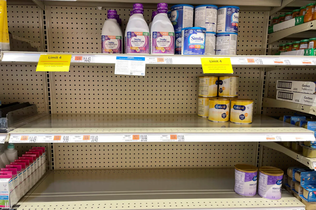 Shelves for baby and toddler formula are partially empty, as the quantity a shopper can buy is limited amid continuing nationwide shortages, at a grocery store in Medford, Mass., on May 17, 2022. (Brian Snyder/Reuters)