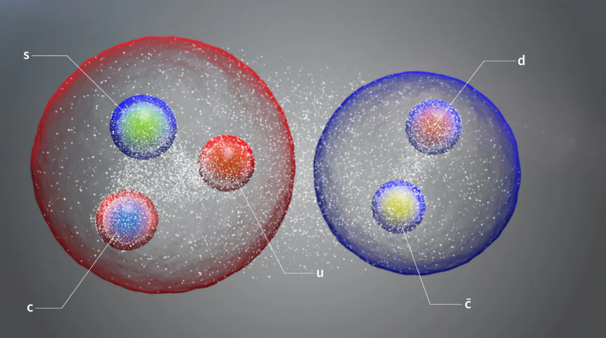 The new pentaquark, illustrated here as a pair of standard hadrons loosely bound in a molecule-like structure. (Courtesy of CERN via Reuters)