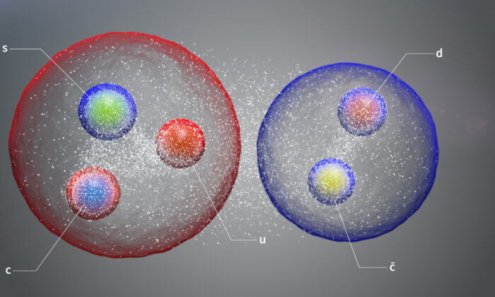 The new pentaquark, illustrated here as a pair of standard hadrons loosely bound in a molecule-like structure. (Courtesy of CERN via Reuters)