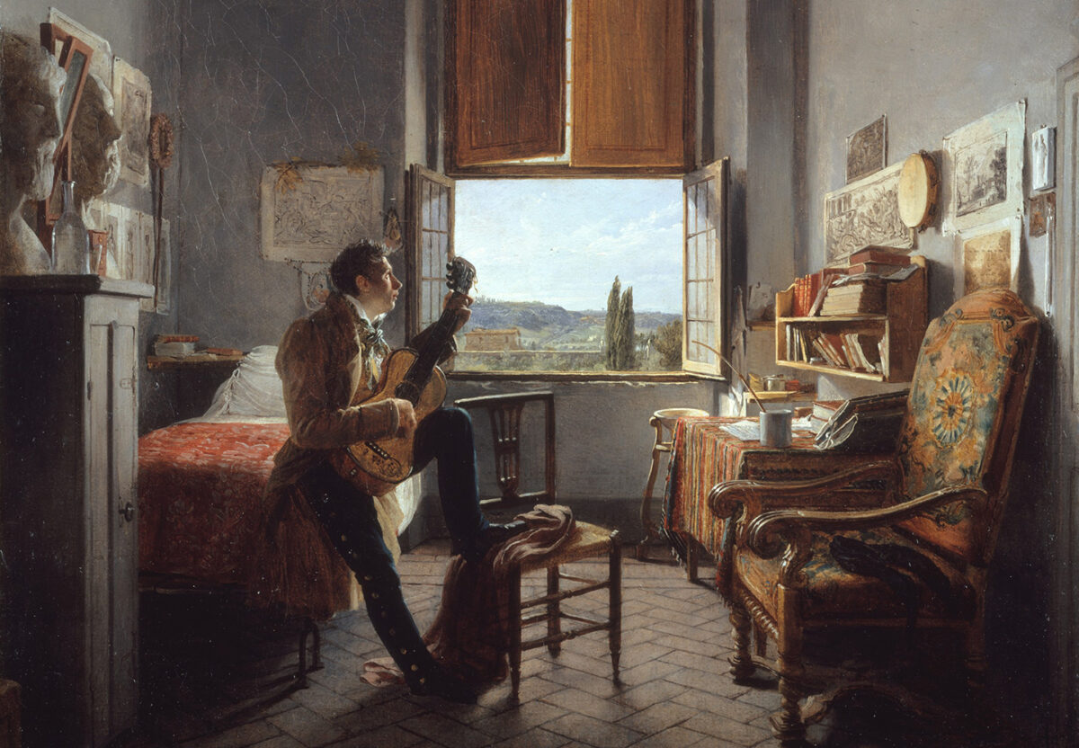 Cropped painting of "Léon Pallière in His Room at the Villa Medici, Rome," 1817, by Jean Alaux. Oil on canvas. Metropolitan Museum of Art, New York City. (Public Domain)