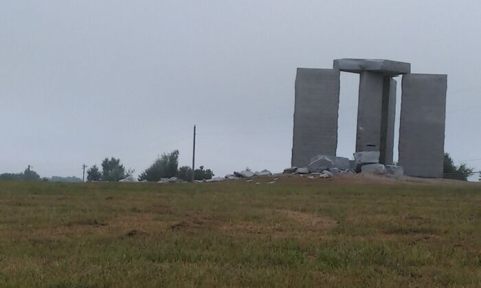 Many theories are circulating about what  blew up one of the five pillars of the Georgia Guidestone monument in Elberton, Ga., on July 6, 2022. (Courtesy of Arlayne Thomas) 