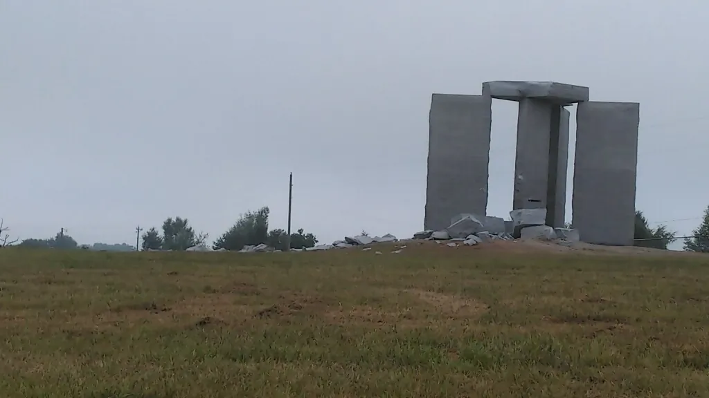 Many theories are circulating about what blew up one of the five pillars of the Georgia Guidestone monument in Elberton, Ga., on July 6, 2022. (Courtesy of Arlayne Thomas)