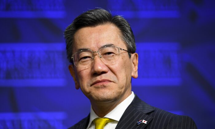 Ambassador of Japan Yamagami Shingo addresses the National Press Club in Canberra, Wednesday, July 21, 2021. (AAP Image/Lukas Coch)