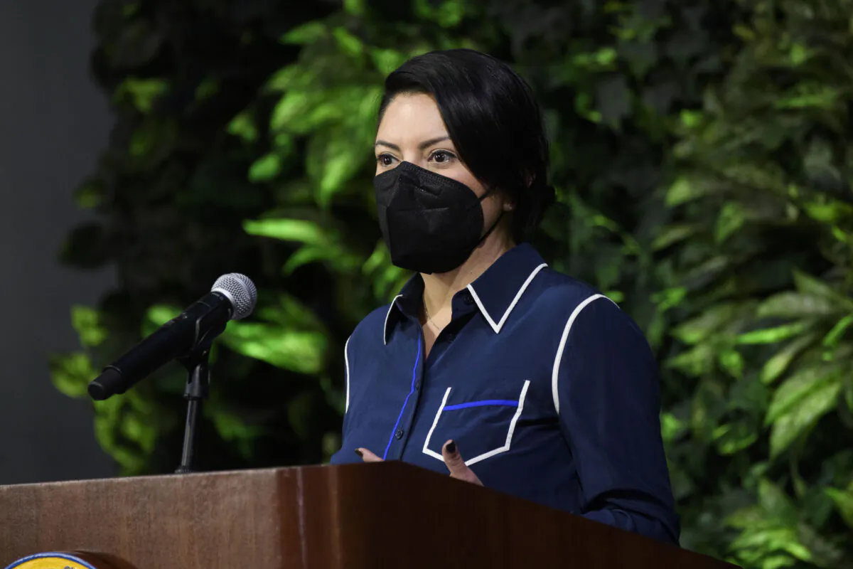 California State Senator Lena Gonzalez speaks at an event in Long Beach, Calif., on Feb. 22, 2021. (Patrick T. Fallon/AFP via Getty Images)