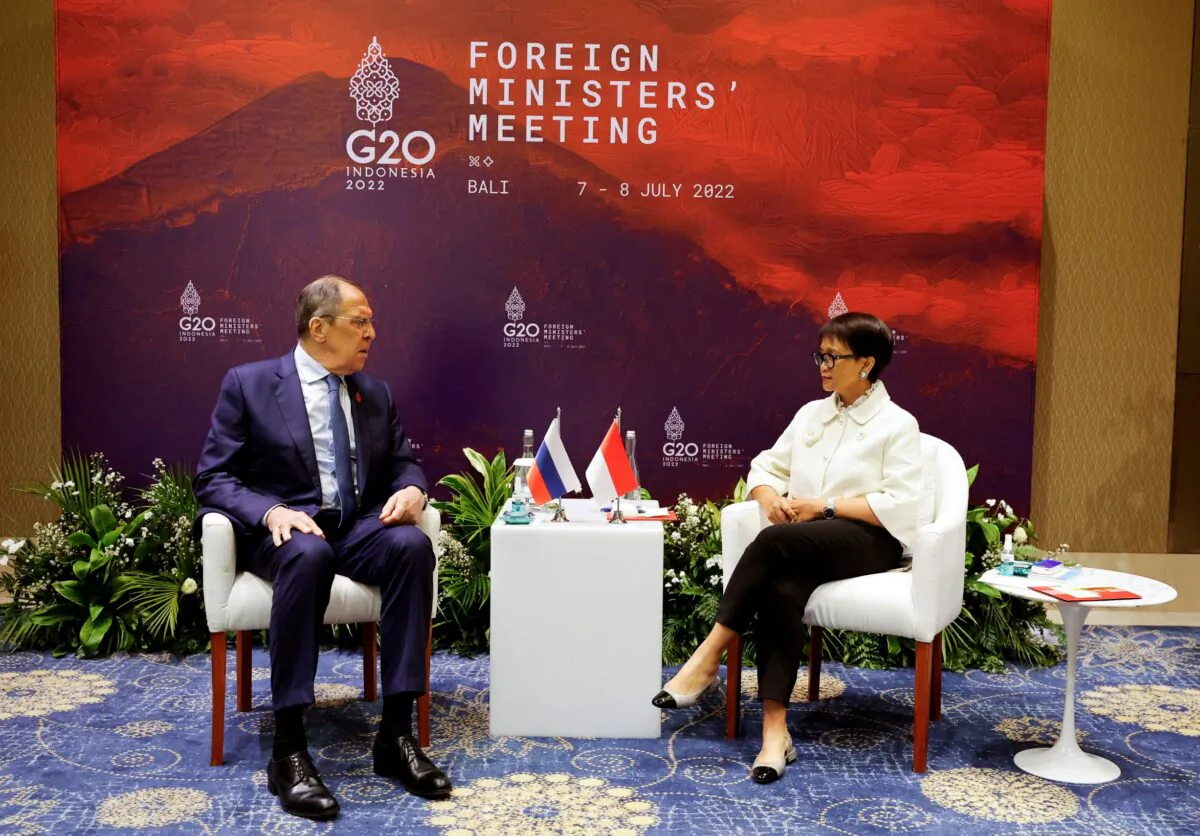Russian Foreign Minister Sergei Lavrov and Indonesia's Foreign Minister Retno Marsudi during a bilateral meeting at the G20 Foreign Ministers' Meeting in Nusa Dua, Bali, Indonesia, on July 8, 2022. (Willy Kurniawan/Pool/Reuters)