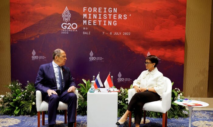 Russian Foreign Minister Sergei Lavrov and Indonesia's Foreign Minister Retno Marsudi during a bilateral meeting at the G20 Foreign Ministers' Meeting in Nusa Dua, Bali, Indonesia, on July 8, 2022. (Willy Kurniawan/Pool/Reuters)