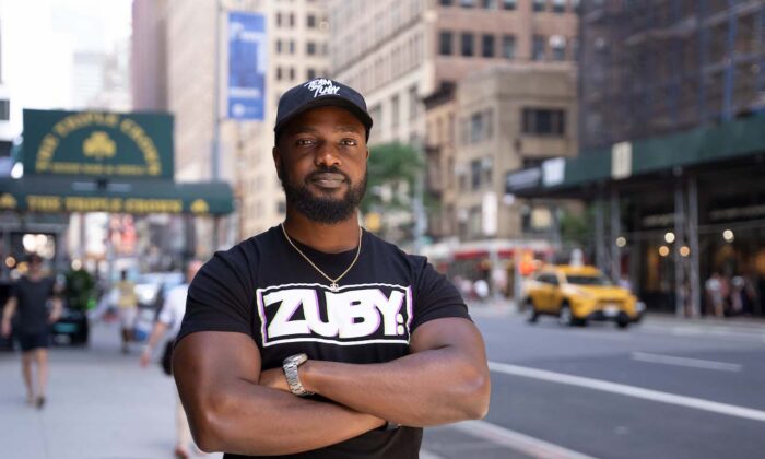  Zuby, a rapper, author, fitness coach, and political commentator, in New York on June 25, 2022. (Otabius Williams/The Epoch Times)