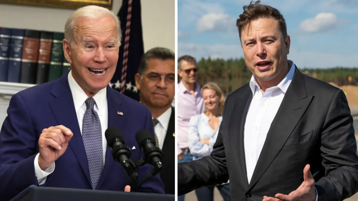 President Joe Biden (L) at the White House in Washington, on July 8, 2022; Tesla head Elon Musk (R) talks to the press near Berlin on Sept. 3, 2020. (Alex Wong/Getty Images; Maja Hitij/Getty Images)