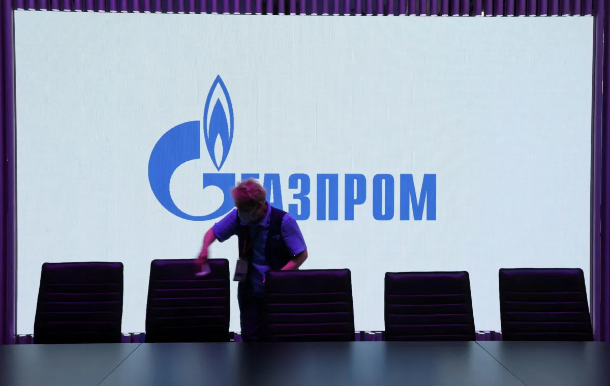 A screen with the logo of Gazprom at the St. Petersburg International Economic Forum (SPIEF) in Saint Petersburg, Russia, on June 17, 2022. (Anton Vaganov/Reuters)