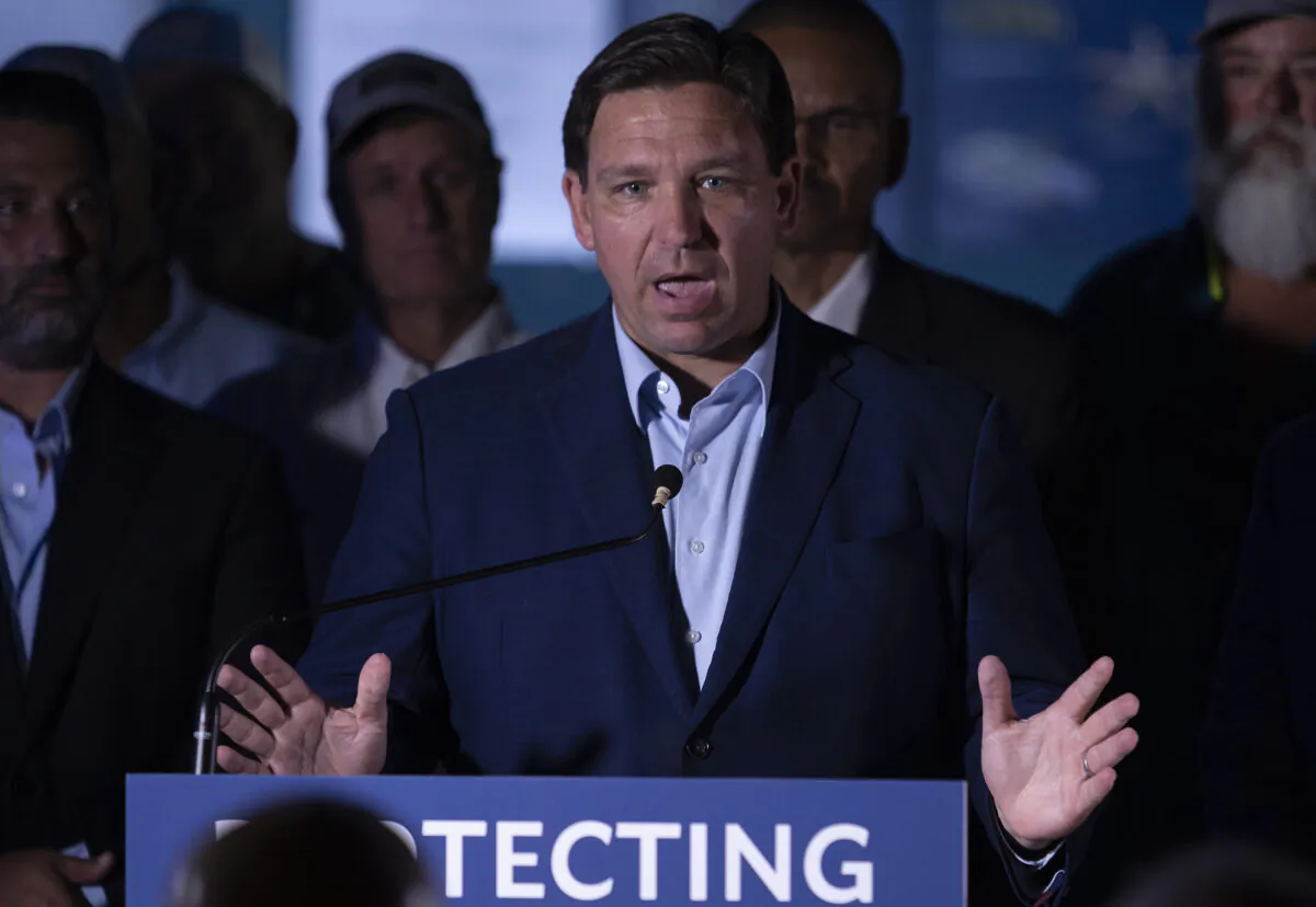 Florida Gov. Ron DeSantis speaks during a press conference held at the Cox Science Center & Aquarium in West Palm Beach, Fla., on June 8, 2022. (Joe Raedle/Getty Images)