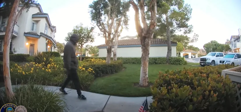Anaheim police are asking for the public's help catching a suspect who shoved an explosive into the home of a woman, injuring her, in Anaheim, Calif., on July 9, 2022. (Screenshot via YouTube/AnaheimPD)