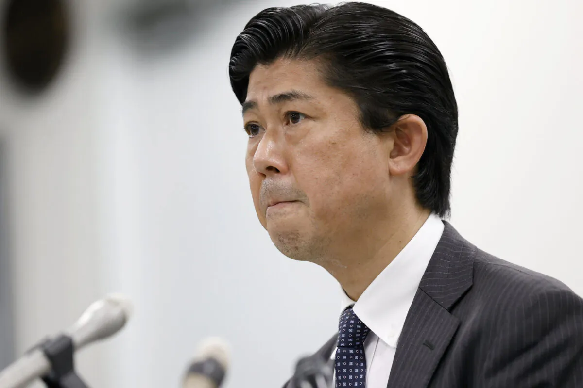 Nara prefectural police chief Tomoaki Onizuka reacts during a press conference in Nara, Japan, on July 9, 2022. (Kyodo News via AP)