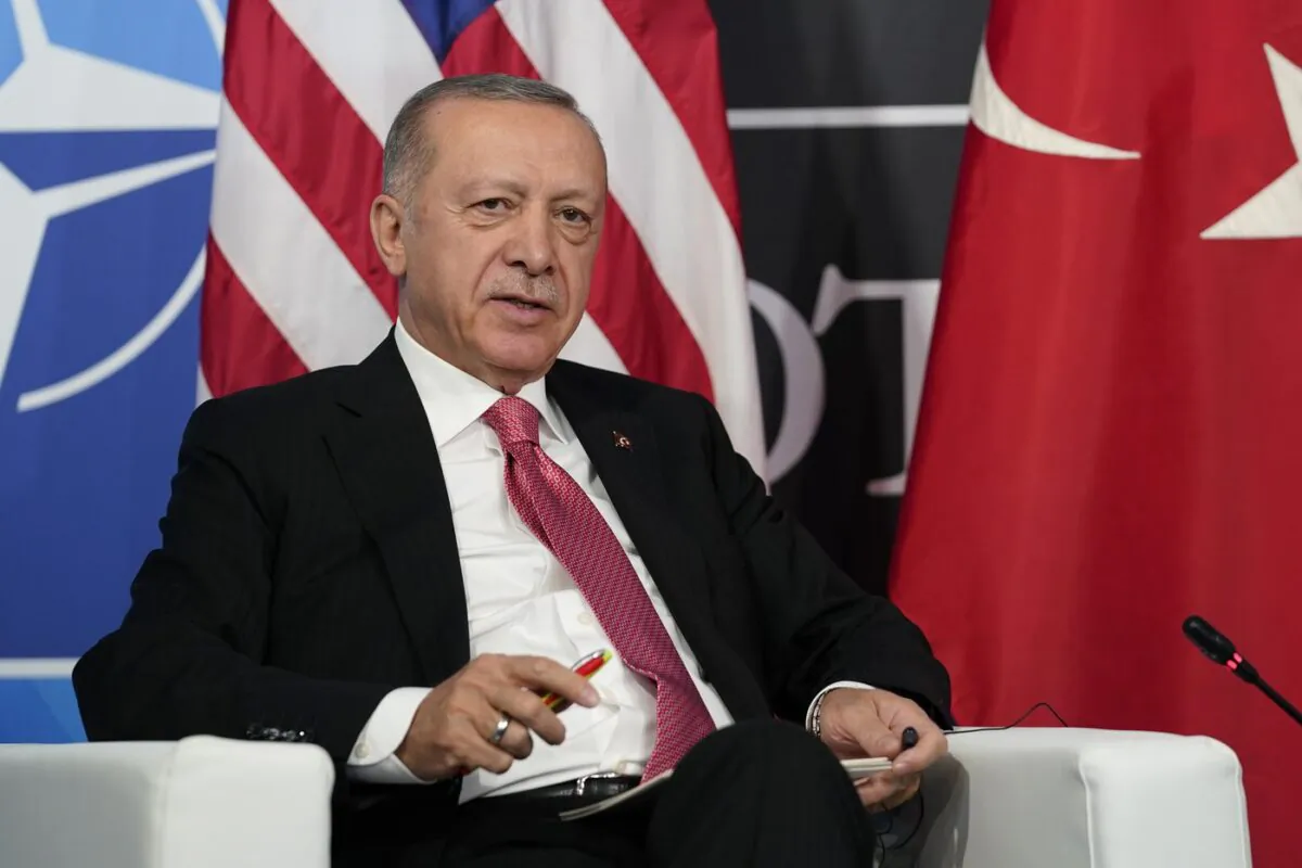 Turkey's President Recep Tayyip Erdogan speaks during his meeting with President Joe Biden during the NATO summit in Madrid, Spain, on June 29, 2022. (Susan Walsh/AP)