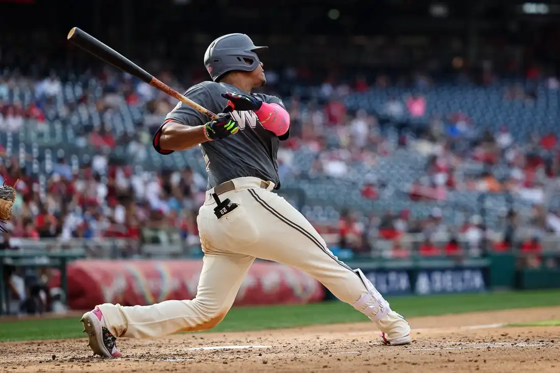 Washington Nationals right fielder Juan Soto (22) hits a home run against the Miami Marlins during the sixth inning at Nationals Park, Washington on Jul 2, 2022. (Scott Taetsch/USA TODAY Sports via Field Level Media)