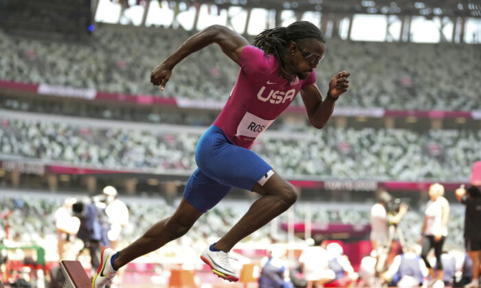 Randolph Ross of the United States starts a heat in the men's 400-meter run at the 2020 Summer Olympics in Tokyo on Aug. 1, 2021. (Martin Meissner/AP Photo)