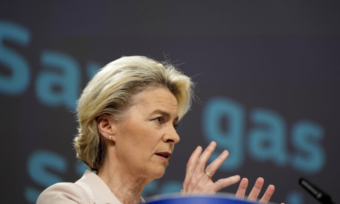 European Commission President Ursula von der Leyen addresses a media conference at EU headquarters in Brussels on July 20, 2022. (Virginia Mayo/AP Photo)