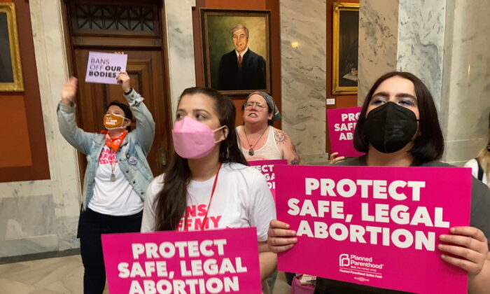 Pro-abortion advocates in the Kentucky Capitol in Frankfort, Ky., demonstrate in April against a bill adopted by lawmakers to place on November’s ballot a proposed amendment that declares there is no right to abortion in the state’s constitution. (Bruce Schreiner/AP Photo)