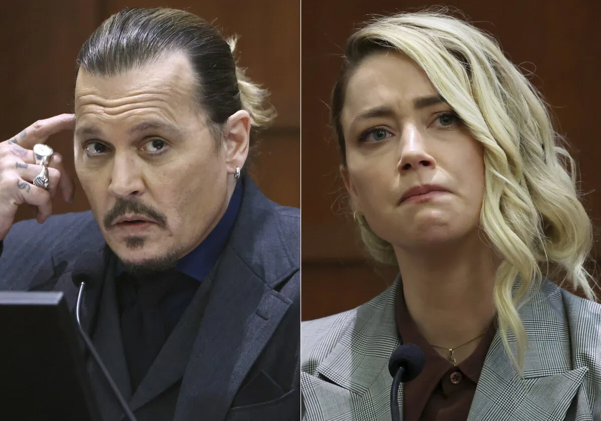 This combination of photos shows actor Johnny Depp (L) testifying at the Fairfax County Circuit Court in Fairfax, Va., on April 21, 2022, and actress Amber Heard testifying in the same courtroom on May 26, 2022. (AP Photo)