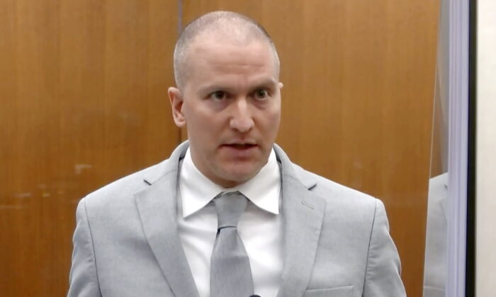 Former Minneapolis police Officer Derek Chauvin addresses the court as Hennepin County Judge Peter Cahill presides over Chauvin's sentencing at the Hennepin County Courthouse in Minn., on June 25, 2021. (Court TV via AP/Pool)