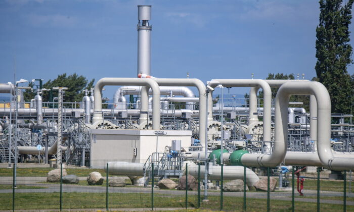 Pipe systems and shut-off devices at the gas receiving station of the Nord Stream 1 Baltic Sea pipeline and the transfer station of the OPAL long-distance gas pipeline in Lubmin, Germany, on June 21, 2022. (AP/Stefan Sauer)
