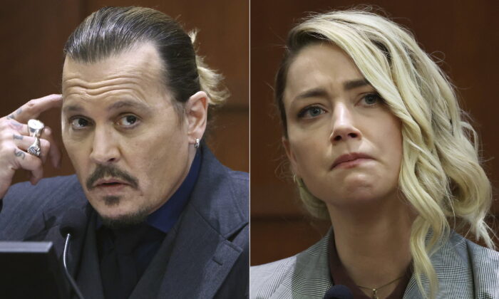 This combination of photos shows actor Johnny Depp (L) testifying at the Fairfax County Circuit Court in Fairfax, Va., on April 21, 2022, and actress Amber Heard testifying in the same courtroom on May 26, 2022. (AP Photo)