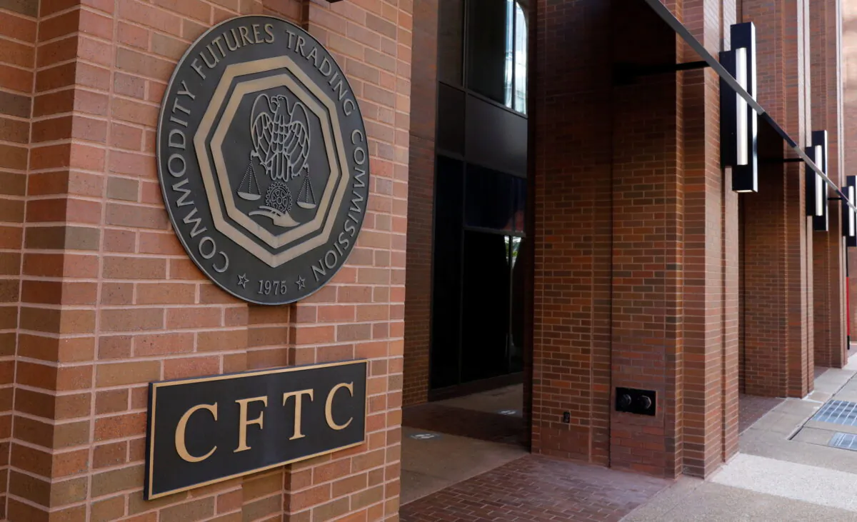 Signage outside of the Commodity Futures Trading Commission in Washington on Aug. 30, 2020. (Andrew Kelly/Reuters)