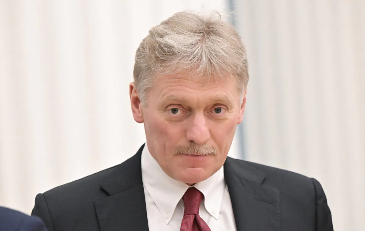 Kremlin spokesman Dmitry Peskov attends a joint news conference of Russian President Vladimir Putin and Belarusian President Alexander Lukashenko in Moscow on Feb. 18, 2022. (Sputnik/Sergey Guneev/Kremlin via Reuters)