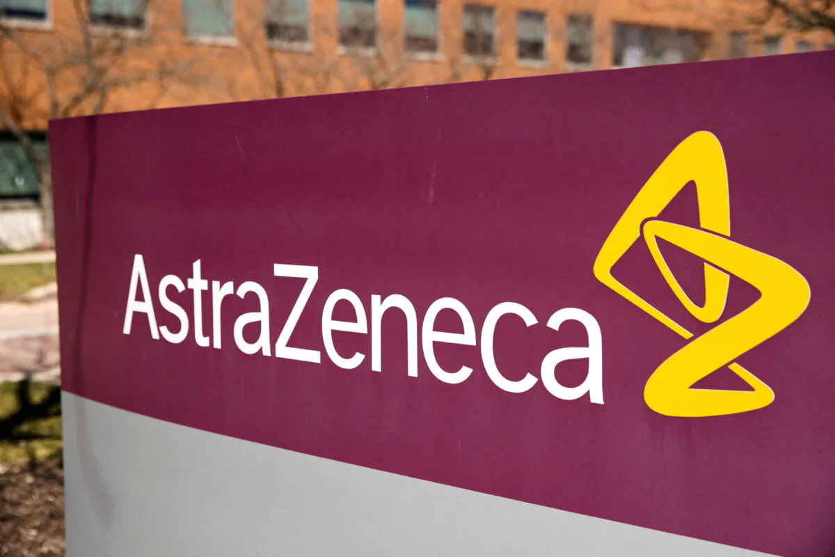 The logo for AstraZeneca outside its North America headquarters in Wilmington, Del., on March 22, 2021. (Rachel Wisniewski/Reuters)