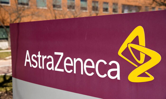 The logo for AstraZeneca outside its North America headquarters in Wilmington, Del., on March 22, 2021. (Rachel Wisniewski/Reuters)