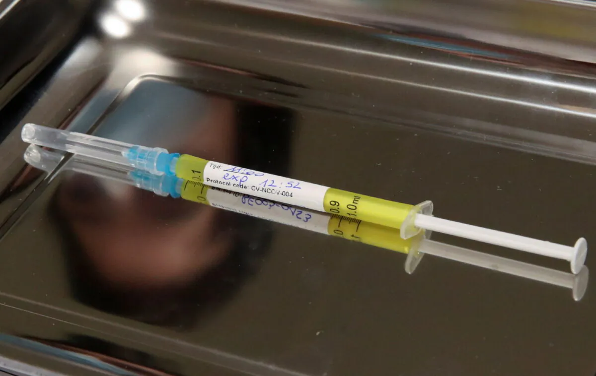 A dose of CureVac vaccine or a placebo during a study by the German biotech firm CureVac as part of a testing for a new vaccine against the coronavirus disease (COVID-19), in Brussels on March 2, 2021. (Yves Herman/Reuters)