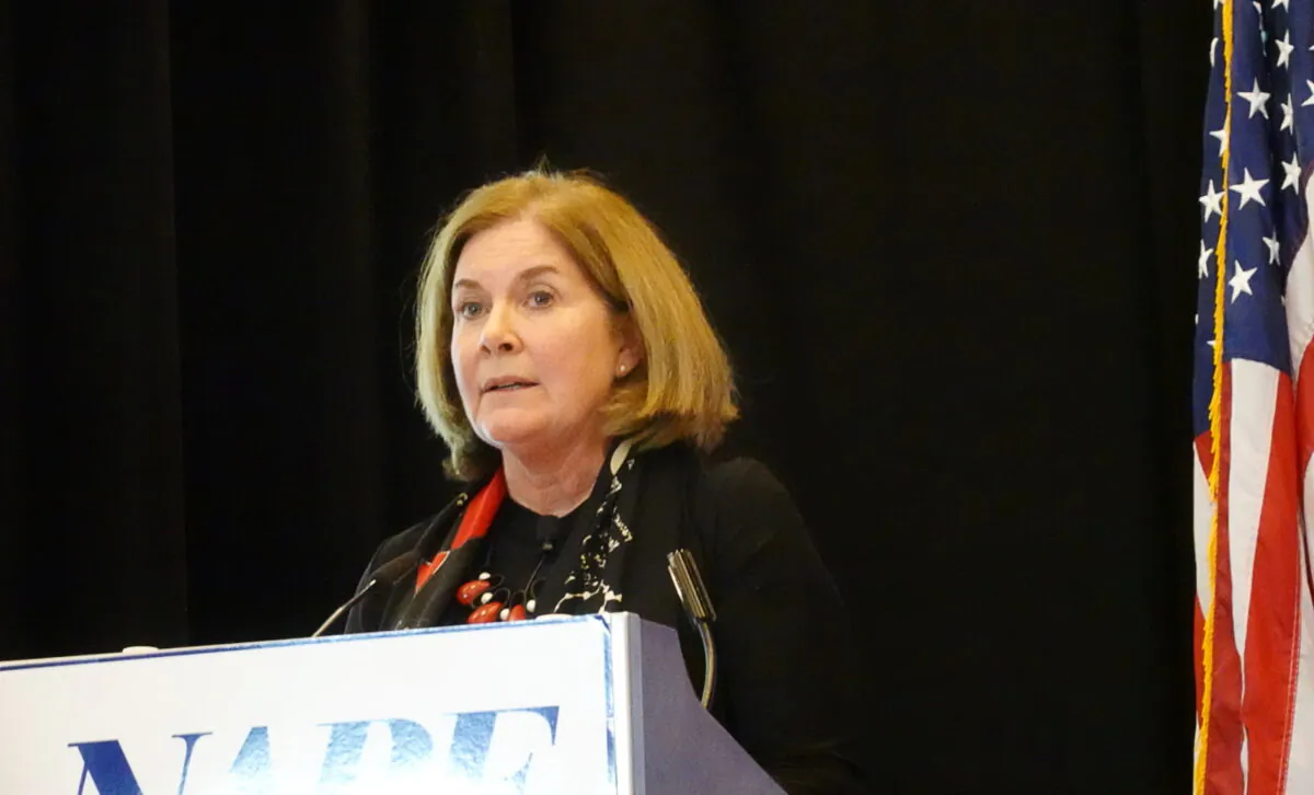 Kansas City Federal Reserve Bank President Esther George addresses the National Association for Business Economics in Denver on Oct. 6, 2019. (Ann Saphir/Reuters)