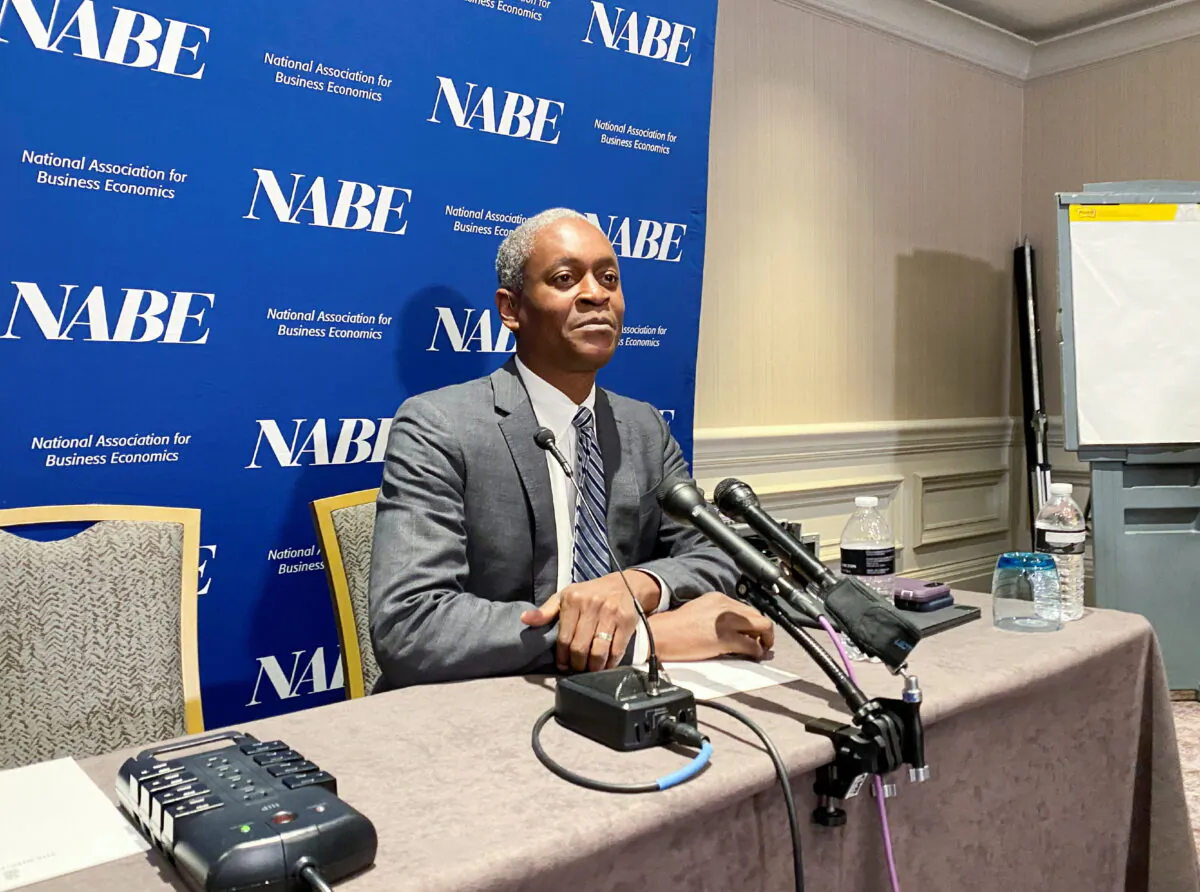 Atlanta Federal Reserve Bank President Raphael Bostic speaks to reporters at the National Association of Business Economics' annual policy meeting in Washington on March 21, 2022. (Ann Saphir/Reuters)