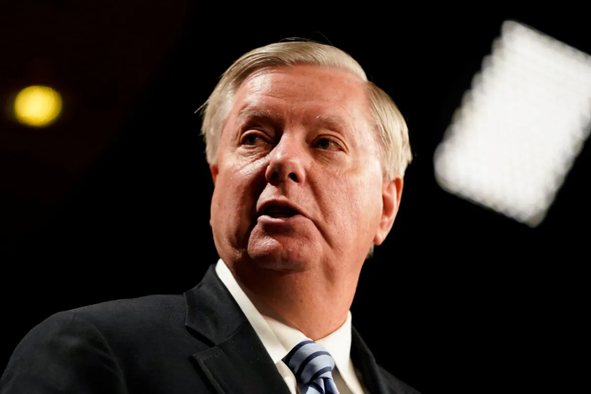 Sen. Lindsey Graham (R-S.C.) speaks during a press conference on Capitol Hill, in Washington, on April 7, 2022. (Elizabeth Frantz/Reuters)