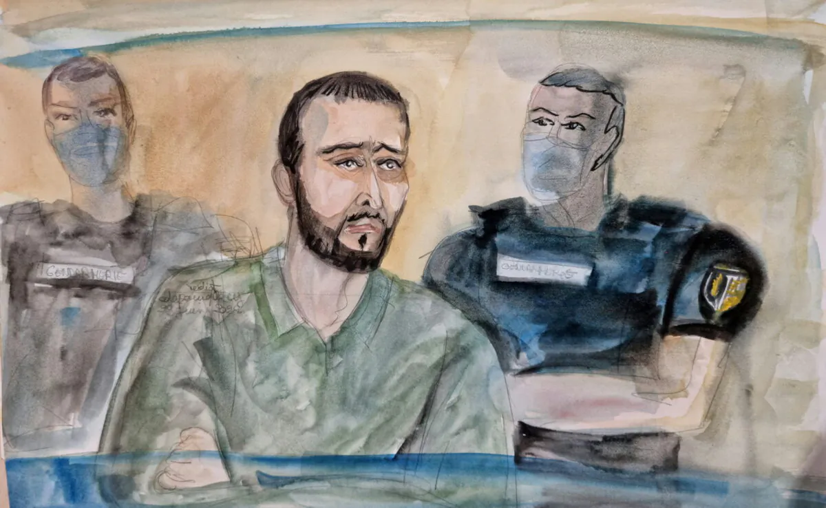 An artist's sketch shows Salah Abdeslam during the verdict in the trial of the Paris's November 2015 attacks at the Paris courthouse on the Ile de la Cite in Paris, on June 29, 2022. (Elisabeth de Pourquery/France Televisions via Reuters)