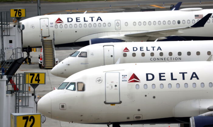 Delta Airlines passenger jets outside the newly completed 1.3 million-square foot $4 billion Delta Airlines Terminal C at LaGuardia Airport in the Queens borough of New York on June 1, 2022. (Mike Segar/Reuters)