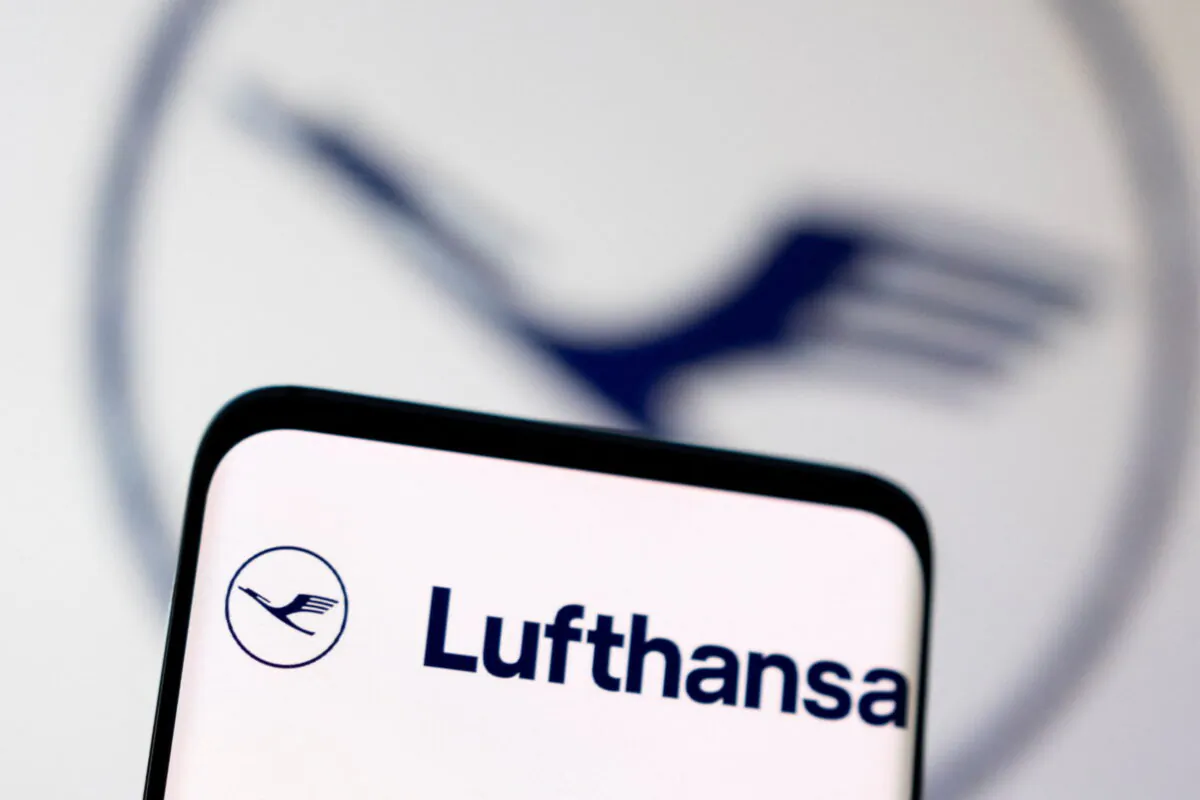 A Lufthansa logo in a photo illustration taken on May 3, 2022. (Dado Ruvic/Illustration/Reuters)